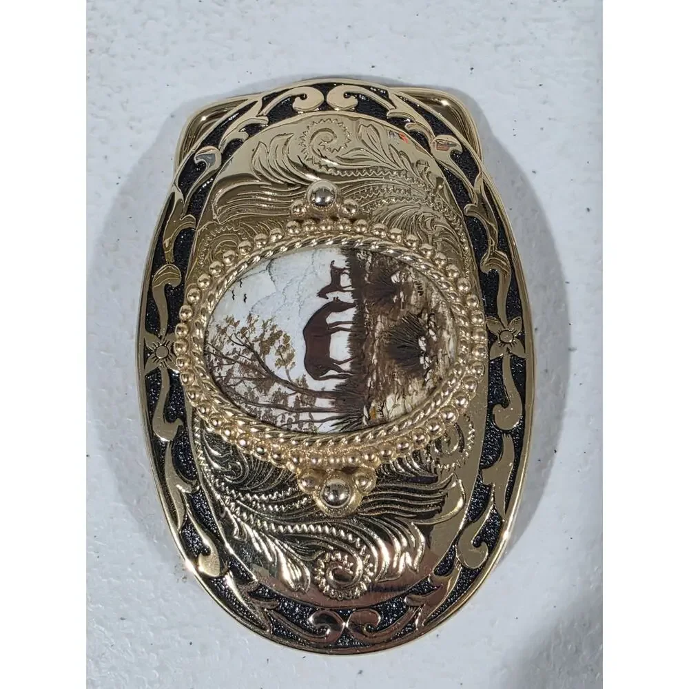VTG Western Belt Buckle Horse Mare Foal Scenic Gold Tone Black Enamel Made USA